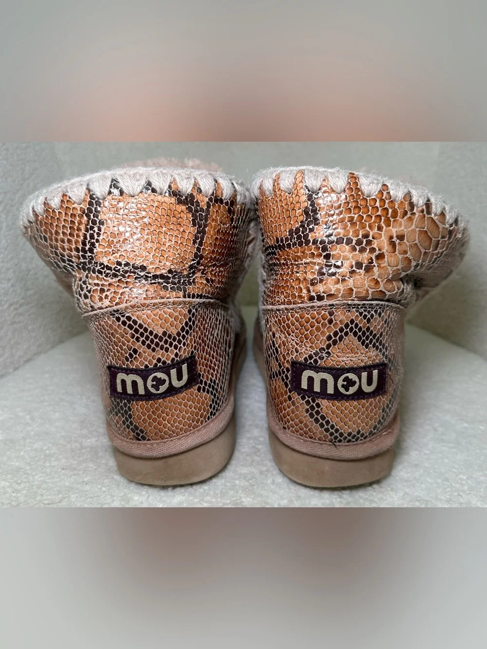 MOU Eskimo 18 Snake Python Print Shearling Ankle Boots Tan Cream Brown Winter 9